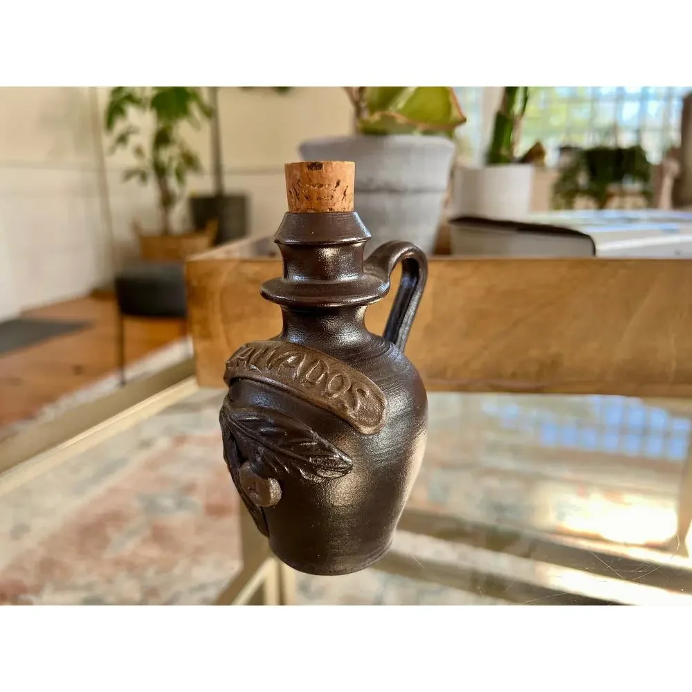 Vintage Calvados Pottery Brandy Jug Cork Top French Country Stoneware Turgis